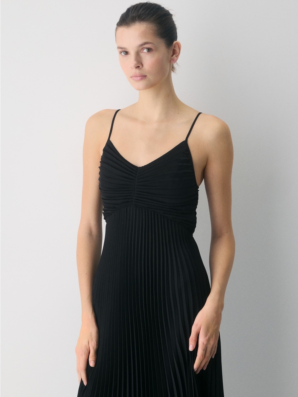 Aritzia Black Pleated Spaghetti-Strap Midi Dress